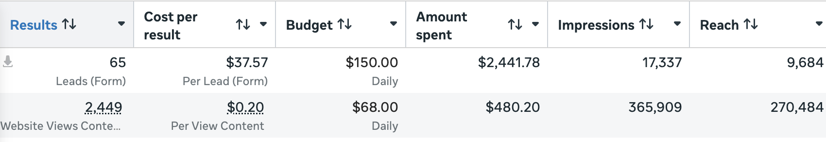 Campaign results: 65 leads at $37.57 per lead and 2,449 content views at $0.20 each